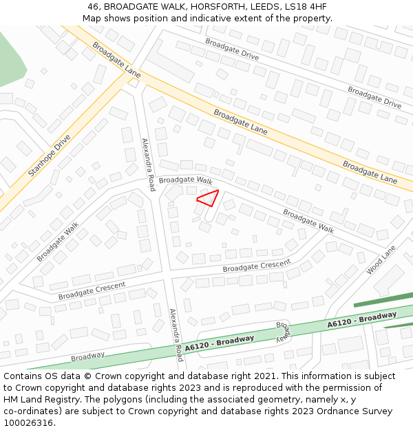 46, BROADGATE WALK, HORSFORTH, LEEDS, LS18 4HF: Location map and indicative extent of plot