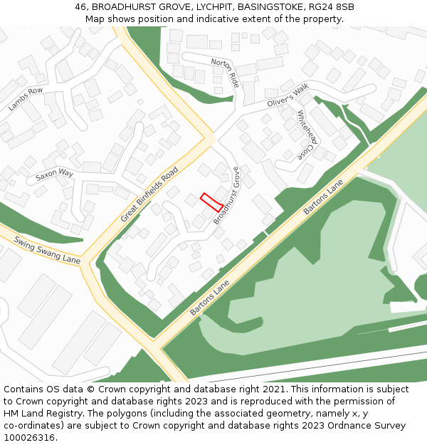 46, BROADHURST GROVE, LYCHPIT, BASINGSTOKE, RG24 8SB: Location map and indicative extent of plot