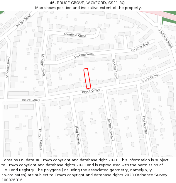 46, BRUCE GROVE, WICKFORD, SS11 8QL: Location map and indicative extent of plot