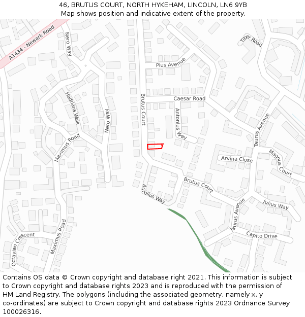 46, BRUTUS COURT, NORTH HYKEHAM, LINCOLN, LN6 9YB: Location map and indicative extent of plot