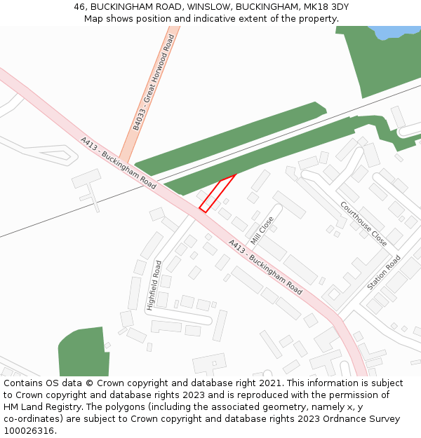 46, BUCKINGHAM ROAD, WINSLOW, BUCKINGHAM, MK18 3DY: Location map and indicative extent of plot