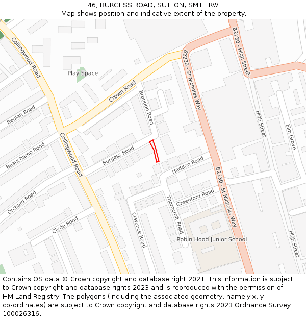 46, BURGESS ROAD, SUTTON, SM1 1RW: Location map and indicative extent of plot