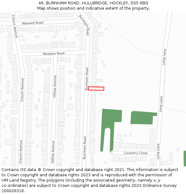 46, BURNHAM ROAD, HULLBRIDGE, HOCKLEY, SS5 6BQ: Location map and indicative extent of plot