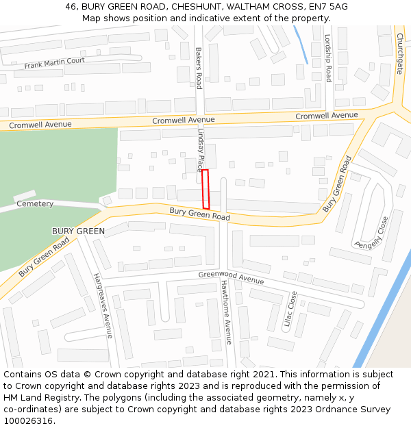 46, BURY GREEN ROAD, CHESHUNT, WALTHAM CROSS, EN7 5AG: Location map and indicative extent of plot