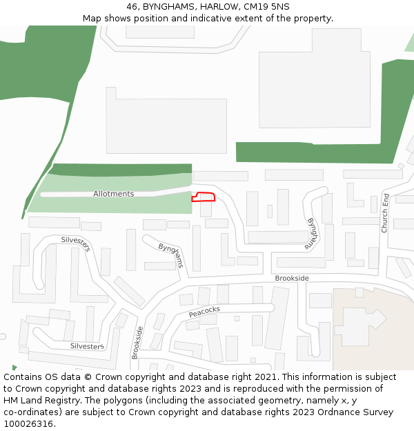 46, BYNGHAMS, HARLOW, CM19 5NS: Location map and indicative extent of plot