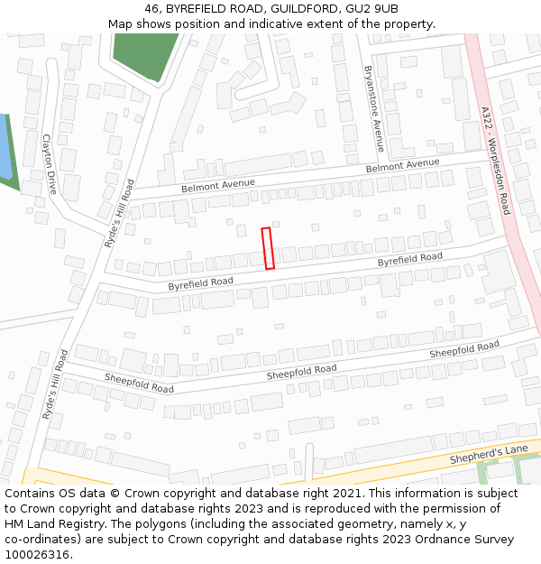 46, BYREFIELD ROAD, GUILDFORD, GU2 9UB: Location map and indicative extent of plot