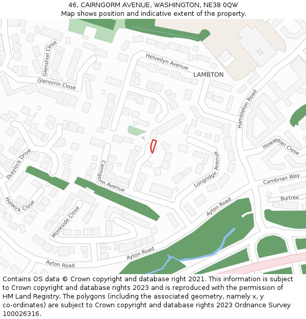 46, CAIRNGORM AVENUE, WASHINGTON, NE38 0QW: Location map and indicative extent of plot