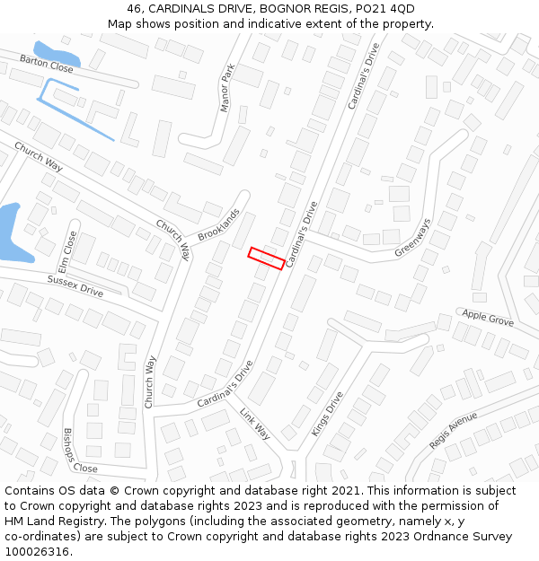 46, CARDINALS DRIVE, BOGNOR REGIS, PO21 4QD: Location map and indicative extent of plot