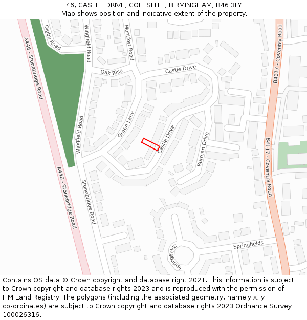 46, CASTLE DRIVE, COLESHILL, BIRMINGHAM, B46 3LY: Location map and indicative extent of plot