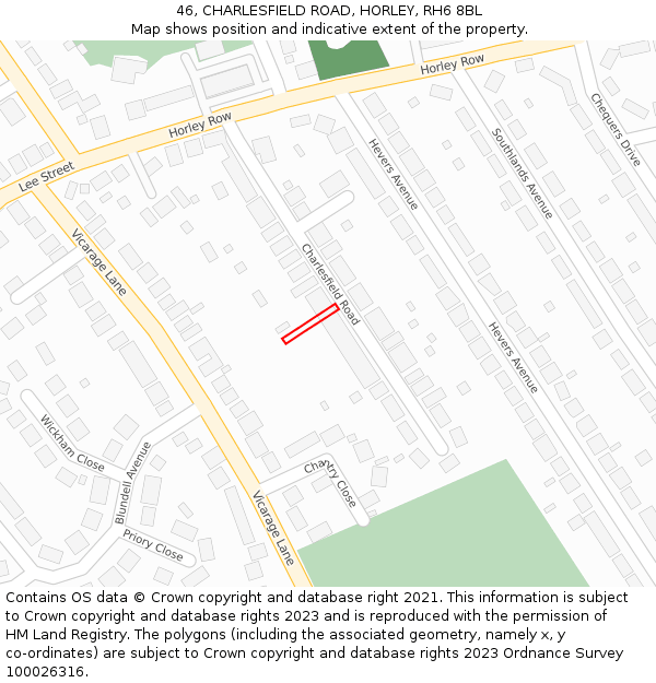 46, CHARLESFIELD ROAD, HORLEY, RH6 8BL: Location map and indicative extent of plot