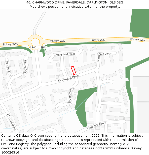 46, CHARNWOOD DRIVE, FAVERDALE, DARLINGTON, DL3 0EG: Location map and indicative extent of plot