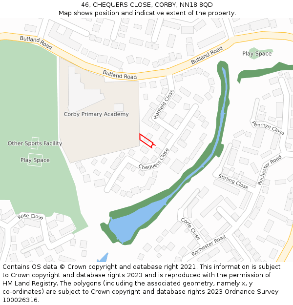 46, CHEQUERS CLOSE, CORBY, NN18 8QD: Location map and indicative extent of plot