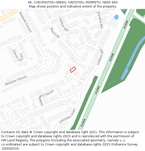 46, CHEVINGTON GREEN, HADSTON, MORPETH, NE65 9AX: Location map and indicative extent of plot
