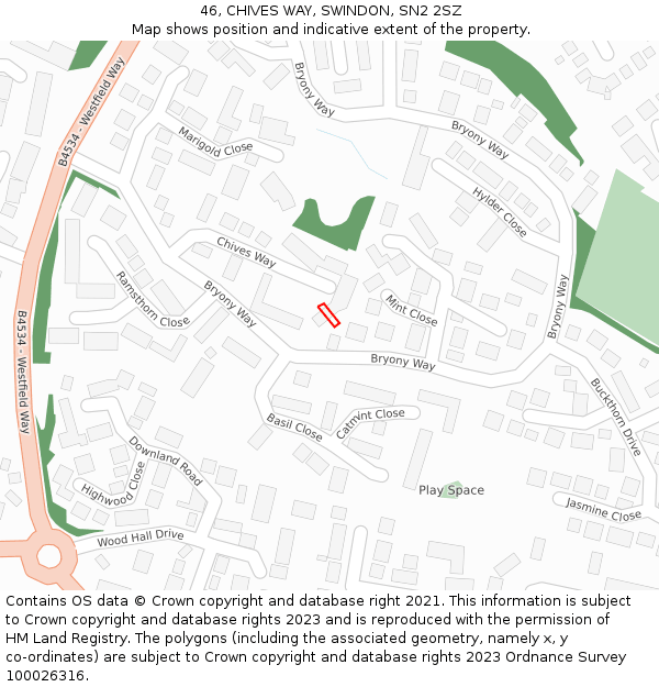 46, CHIVES WAY, SWINDON, SN2 2SZ: Location map and indicative extent of plot