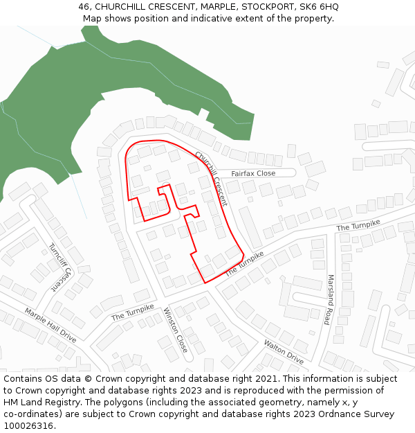 46, CHURCHILL CRESCENT, MARPLE, STOCKPORT, SK6 6HQ: Location map and indicative extent of plot