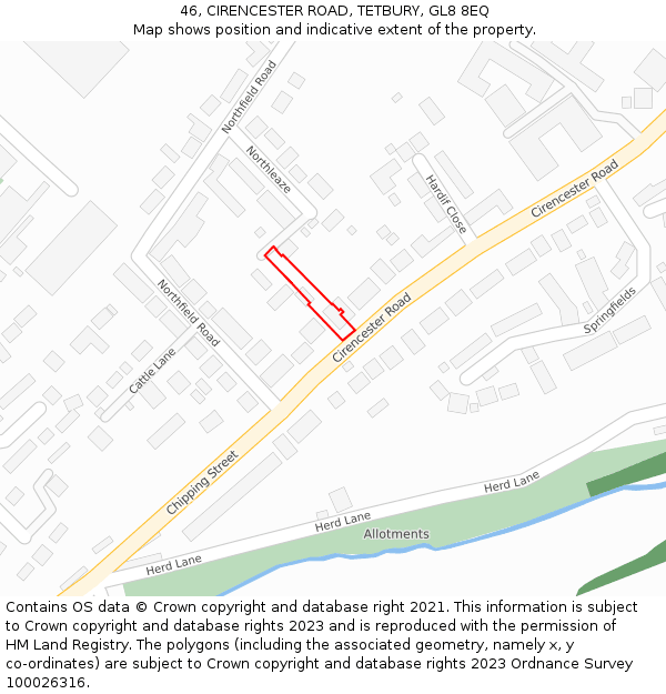 46, CIRENCESTER ROAD, TETBURY, GL8 8EQ: Location map and indicative extent of plot