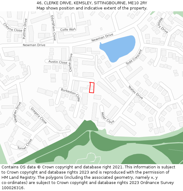 46, CLERKE DRIVE, KEMSLEY, SITTINGBOURNE, ME10 2RY: Location map and indicative extent of plot