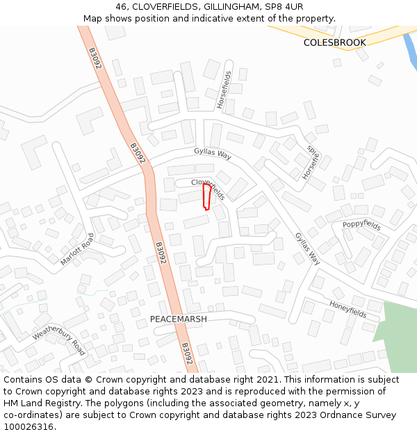 46, CLOVERFIELDS, GILLINGHAM, SP8 4UR: Location map and indicative extent of plot