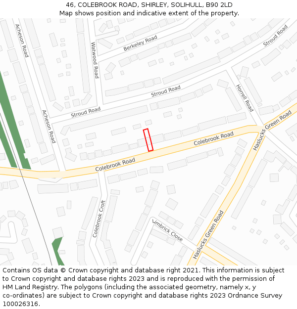 46, COLEBROOK ROAD, SHIRLEY, SOLIHULL, B90 2LD: Location map and indicative extent of plot