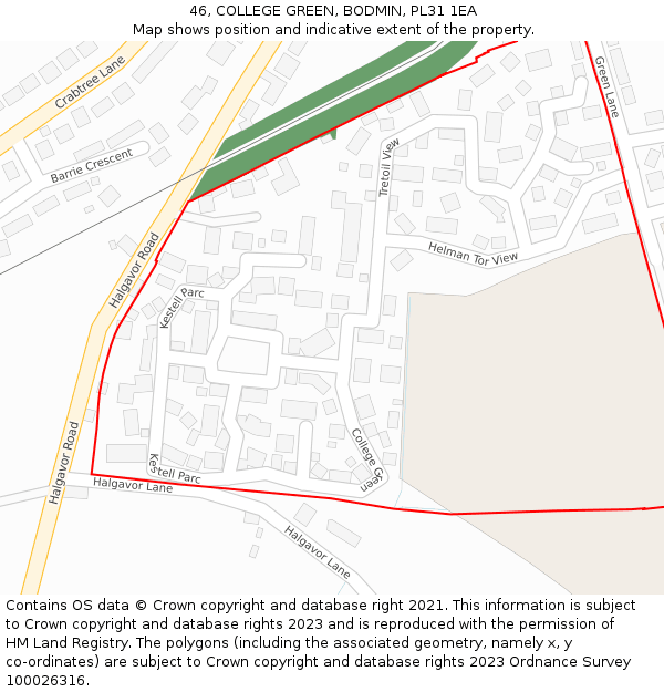 46, COLLEGE GREEN, BODMIN, PL31 1EA: Location map and indicative extent of plot