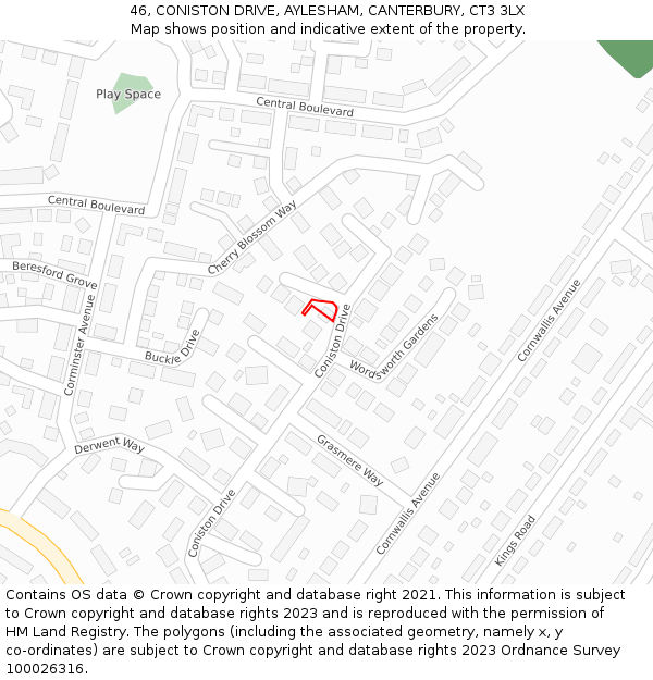 46, CONISTON DRIVE, AYLESHAM, CANTERBURY, CT3 3LX: Location map and indicative extent of plot