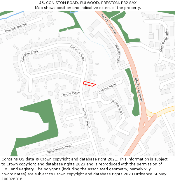 46, CONISTON ROAD, FULWOOD, PRESTON, PR2 8AX: Location map and indicative extent of plot