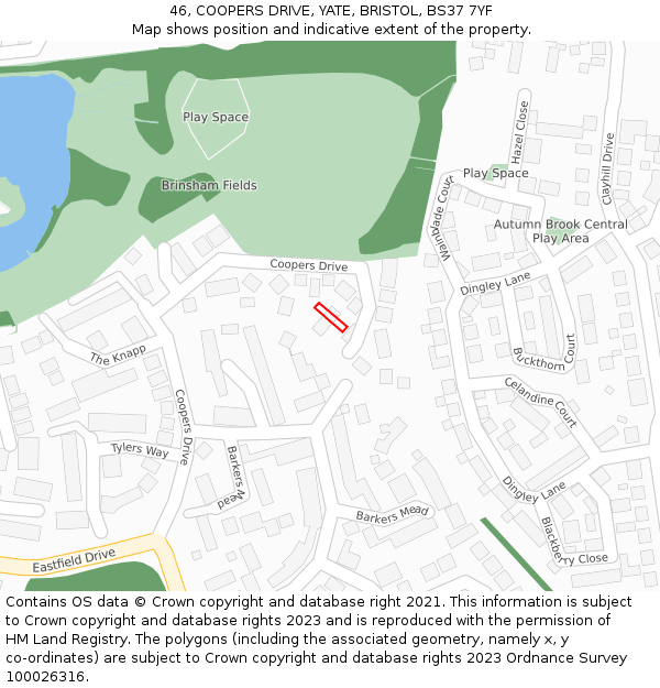 46, COOPERS DRIVE, YATE, BRISTOL, BS37 7YF: Location map and indicative extent of plot