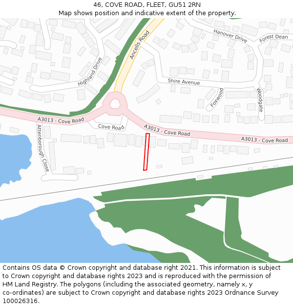 46, COVE ROAD, FLEET, GU51 2RN: Location map and indicative extent of plot