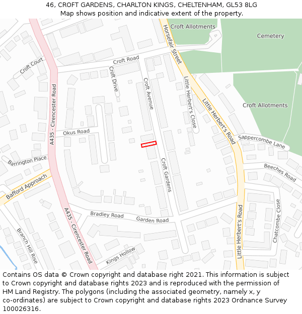46, CROFT GARDENS, CHARLTON KINGS, CHELTENHAM, GL53 8LG: Location map and indicative extent of plot