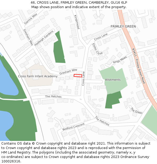 46, CROSS LANE, FRIMLEY GREEN, CAMBERLEY, GU16 6LP: Location map and indicative extent of plot