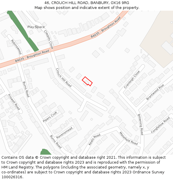 46, CROUCH HILL ROAD, BANBURY, OX16 9RG: Location map and indicative extent of plot