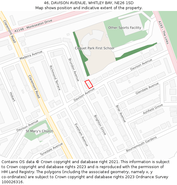 46, DAVISON AVENUE, WHITLEY BAY, NE26 1SD: Location map and indicative extent of plot