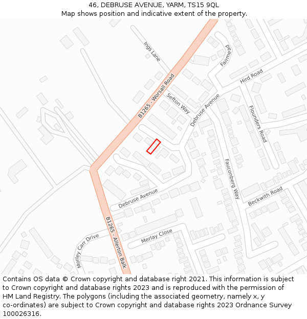 46, DEBRUSE AVENUE, YARM, TS15 9QL: Location map and indicative extent of plot