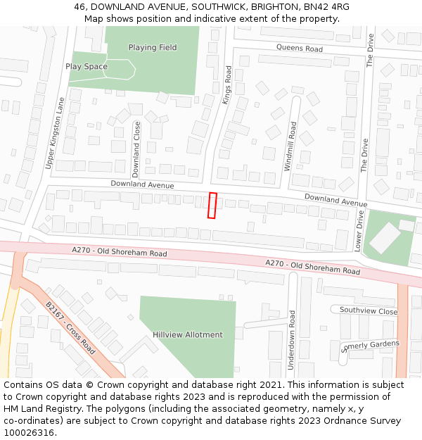 46, DOWNLAND AVENUE, SOUTHWICK, BRIGHTON, BN42 4RG: Location map and indicative extent of plot