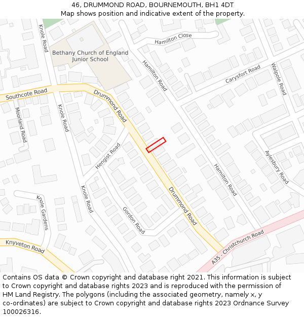 46, DRUMMOND ROAD, BOURNEMOUTH, BH1 4DT: Location map and indicative extent of plot