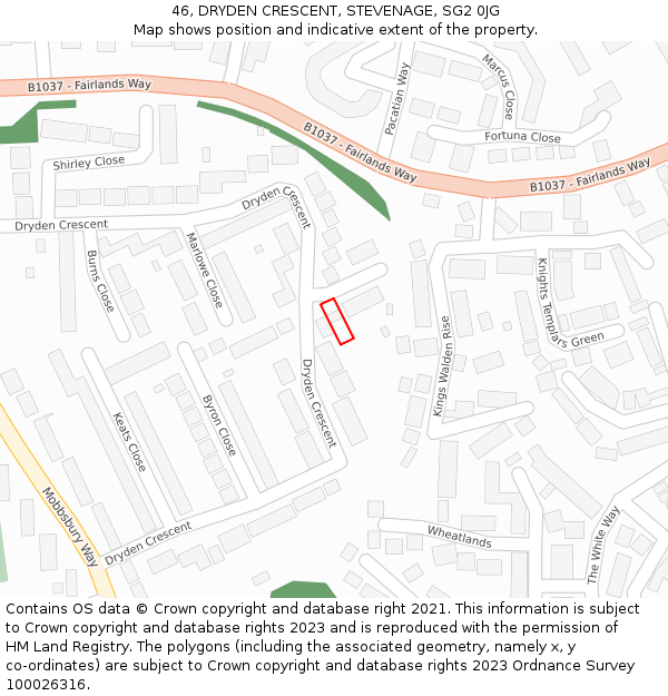 46, DRYDEN CRESCENT, STEVENAGE, SG2 0JG: Location map and indicative extent of plot