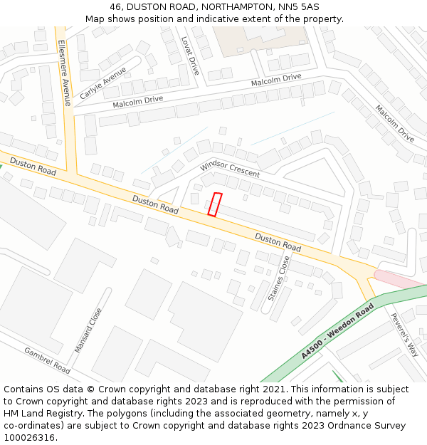 46, DUSTON ROAD, NORTHAMPTON, NN5 5AS: Location map and indicative extent of plot