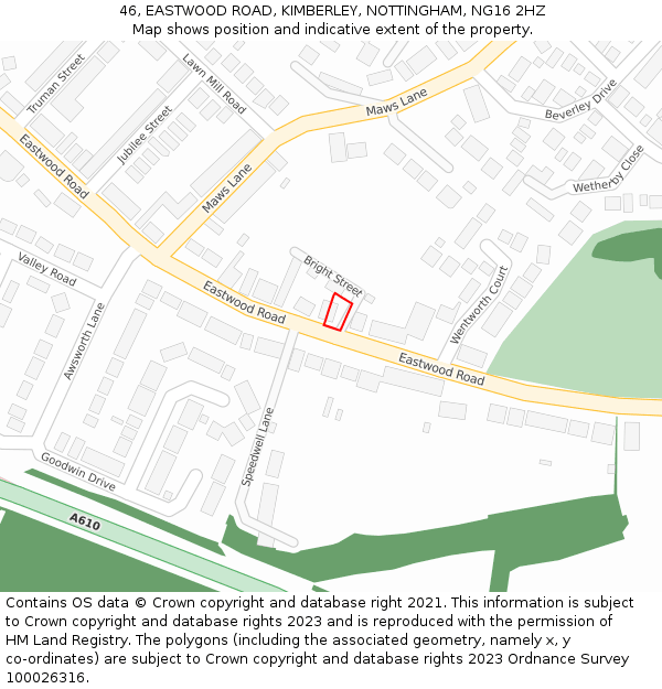 46, EASTWOOD ROAD, KIMBERLEY, NOTTINGHAM, NG16 2HZ: Location map and indicative extent of plot