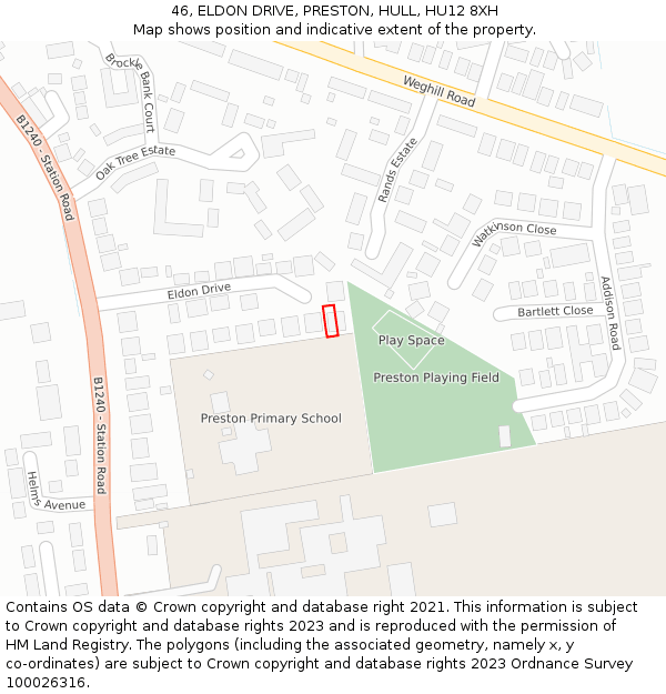 46, ELDON DRIVE, PRESTON, HULL, HU12 8XH: Location map and indicative extent of plot