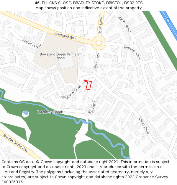 46, ELLICKS CLOSE, BRADLEY STOKE, BRISTOL, BS32 0ES: Location map and indicative extent of plot