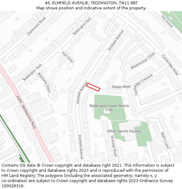 46, ELMFIELD AVENUE, TEDDINGTON, TW11 8BT: Location map and indicative extent of plot