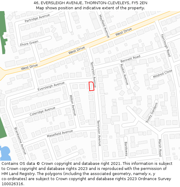 46, EVERSLEIGH AVENUE, THORNTON-CLEVELEYS, FY5 2EN: Location map and indicative extent of plot