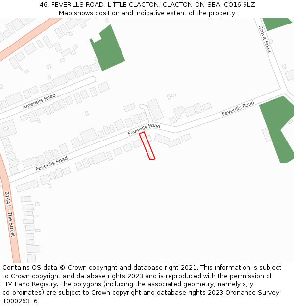 46, FEVERILLS ROAD, LITTLE CLACTON, CLACTON-ON-SEA, CO16 9LZ: Location map and indicative extent of plot