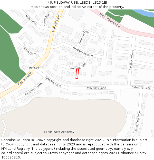 46, FIELDWAY RISE, LEEDS, LS13 1EJ: Location map and indicative extent of plot