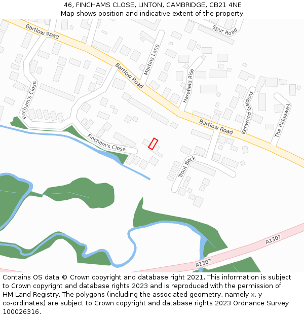 46, FINCHAMS CLOSE, LINTON, CAMBRIDGE, CB21 4NE: Location map and indicative extent of plot