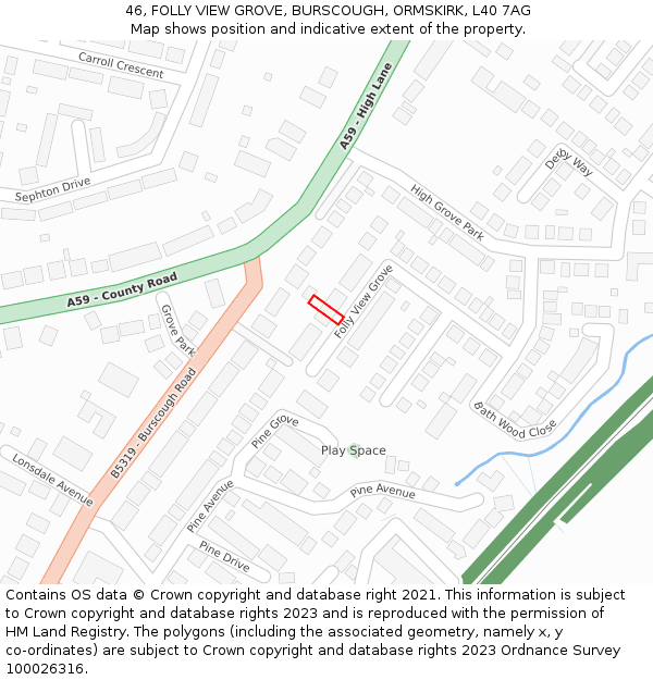 46, FOLLY VIEW GROVE, BURSCOUGH, ORMSKIRK, L40 7AG: Location map and indicative extent of plot
