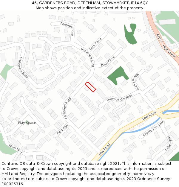 46, GARDENERS ROAD, DEBENHAM, STOWMARKET, IP14 6QY: Location map and indicative extent of plot