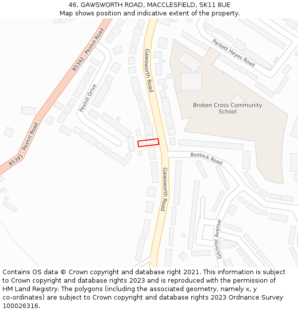 46, GAWSWORTH ROAD, MACCLESFIELD, SK11 8UE: Location map and indicative extent of plot