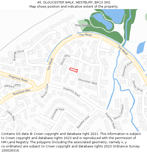 46, GLOUCESTER WALK, WESTBURY, BA13 3XG: Location map and indicative extent of plot