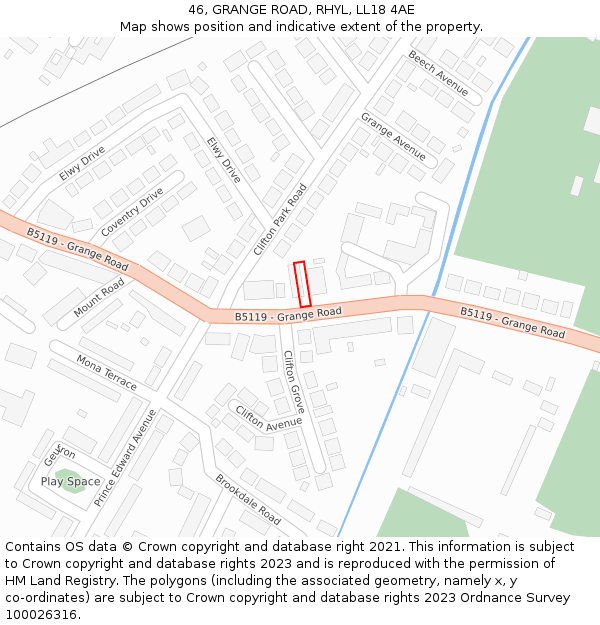 46, GRANGE ROAD, RHYL, LL18 4AE: Location map and indicative extent of plot